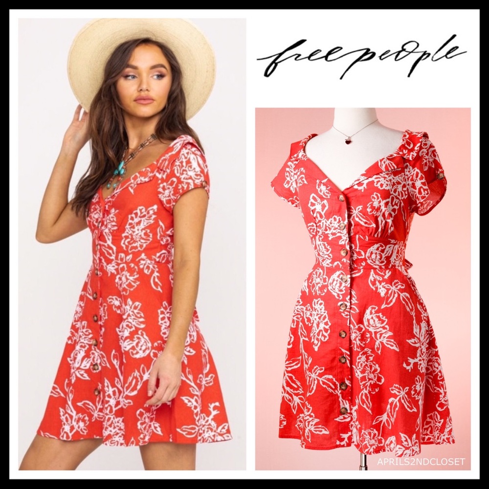 FREE PEOPLE RED BOHO BUTTON DOWN MINI DRESS A2C - Picture 8 of 8